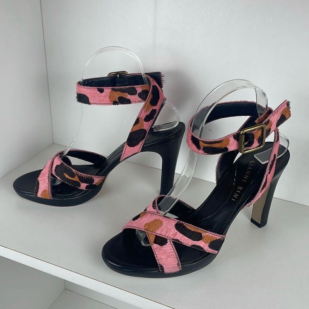 Gianni Bini Veronica Leopard Print Hair on Hide Strappy Heeled Sandals 8